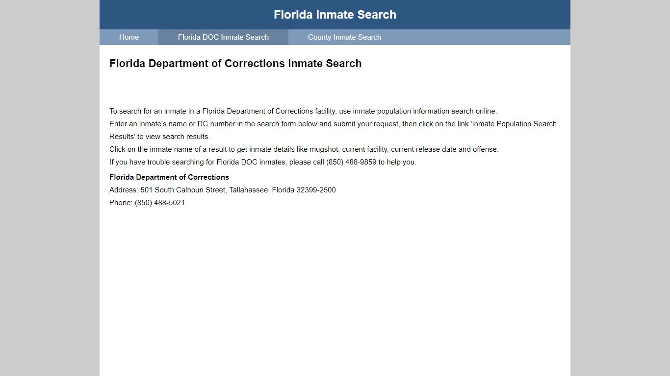 Florida Department of Corrections Inmate Search